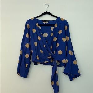Zara Blue and Gold Bell Sleeve Wrap Blouse